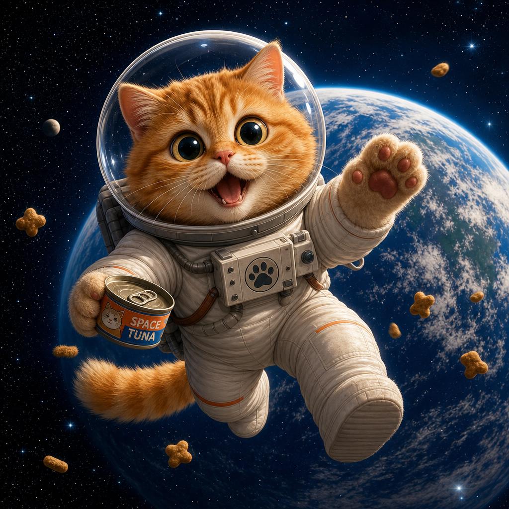 Кот-астронавт в открытом космосе — пример арта Grok Imagine