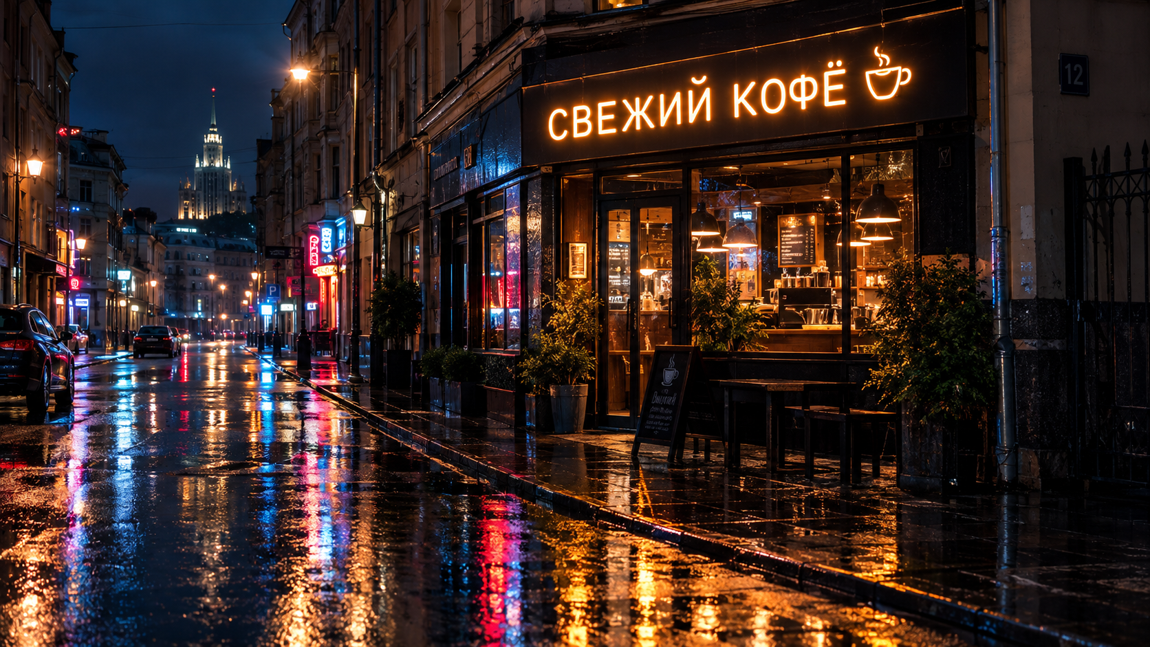 Ночная улица с неоновой вывеской «СВЕЖИЙ КОФЁ» — GPT Image 2.5 уверенно рендерит кириллицу